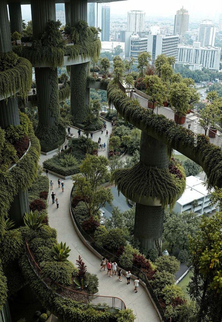 Renderização conceitual de torres residenciais emergindo de jardim exuberante