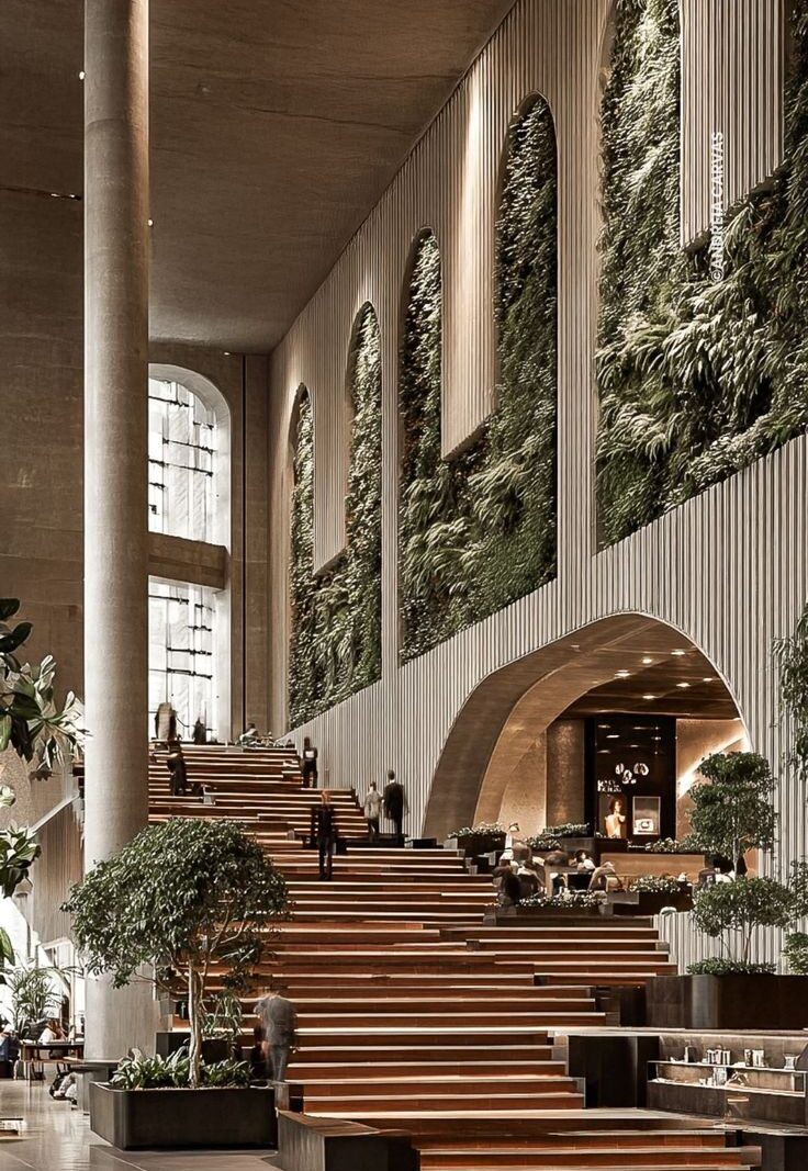 Renderização conceitual de escadaria monumental entre colunas esculturais