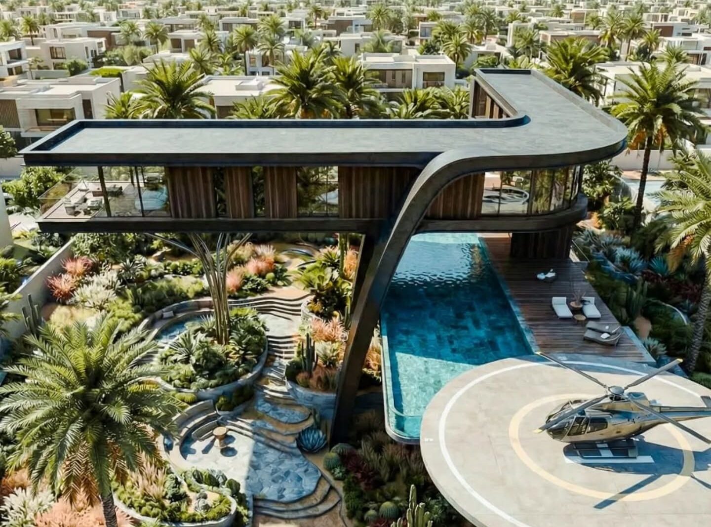Renderização conceitual de vila contemporânea com piscina, heliponto e vista para o skyline
