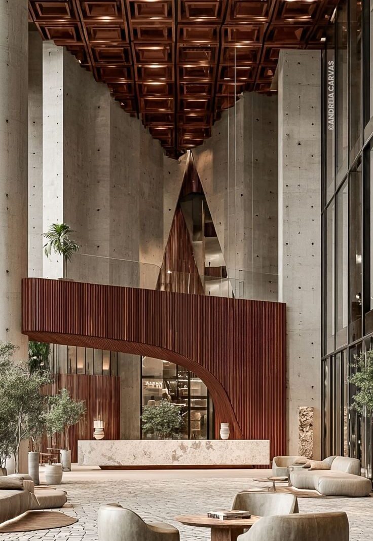Renderização conceitual de lounge em madeira com geometria fluida
