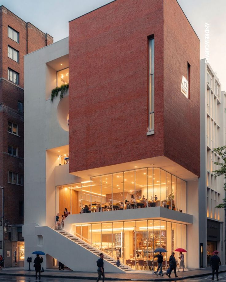 Renderização conceitual de esquina de edifício em tijolo aparente