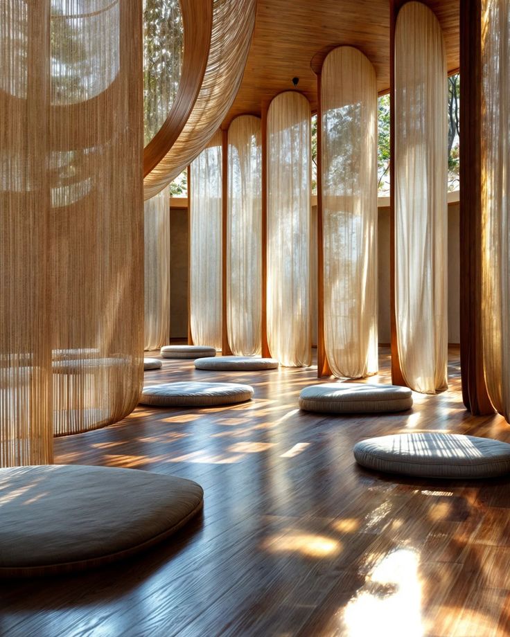 Renderização conceitual de pavilhão de biblioteca sereno com cortinas translúcidas