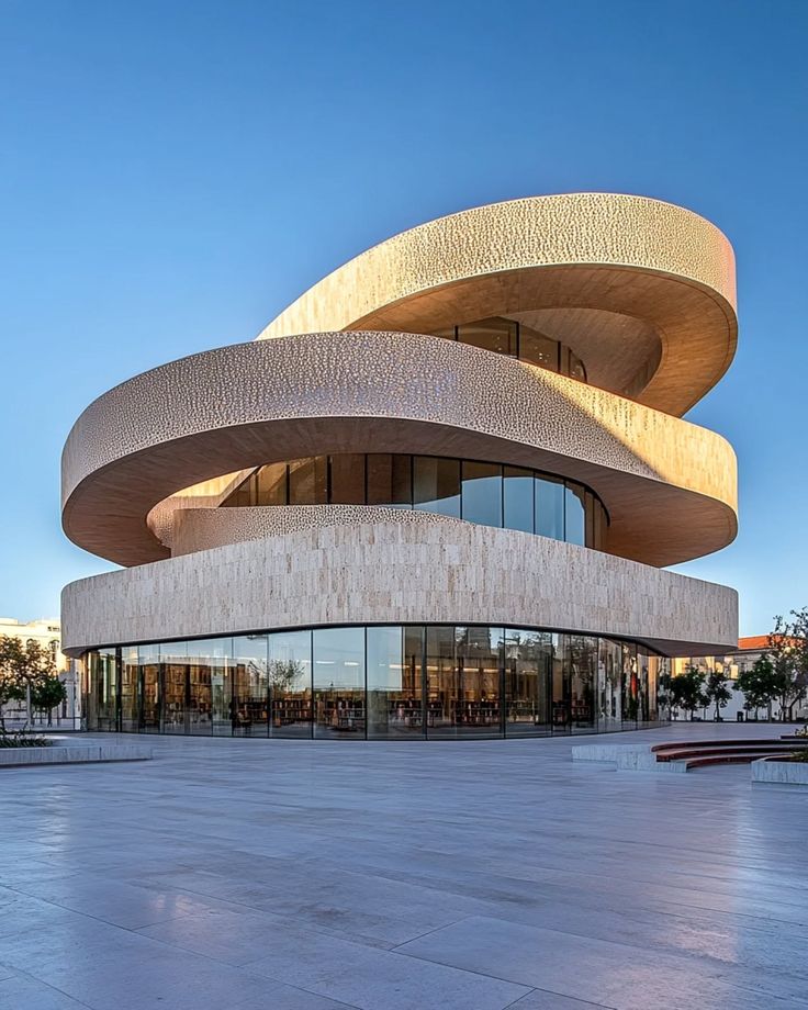 Renderização conceitual de biblioteca com estante em espiral