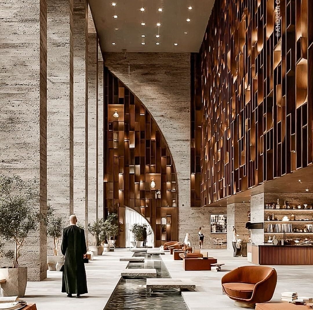 Renderização conceitual de átrio monumental com painéis geométricos e espelho d'água