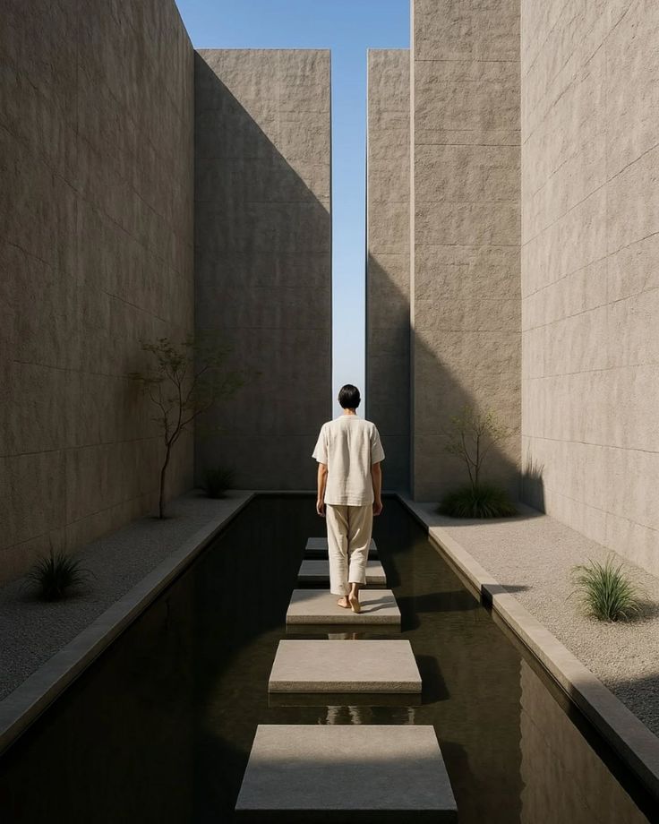 Passagem minimalista entre muros de concreto